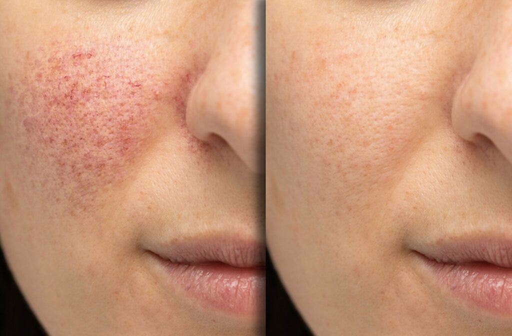 A close-up image of a woman's face before and after trying treatment for rosacea.