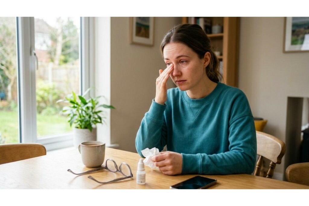 A person with red, watery, and slightly swollen eyes, looking irritated from seasonal pollen.