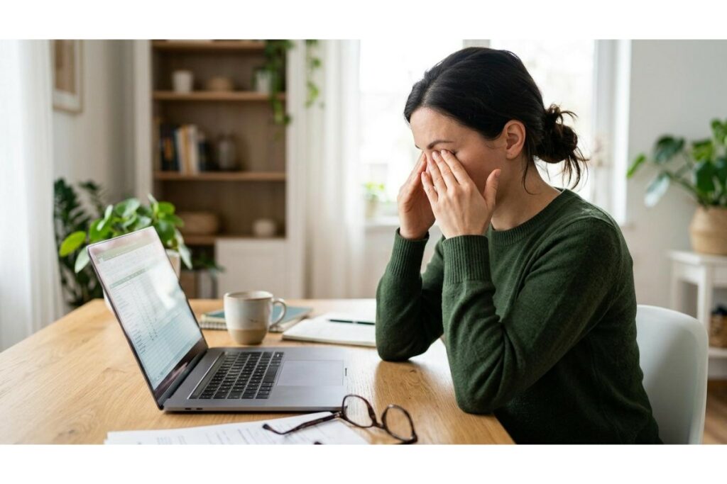 Woman rubbing her eyes while working on her laptop at her kitchen table.
