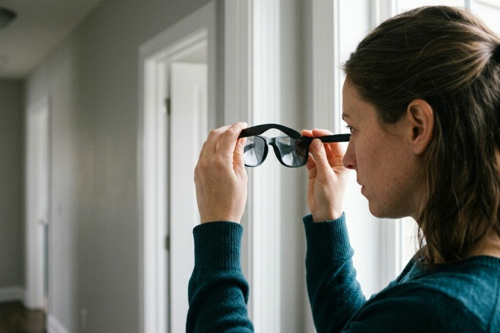 Adult holding black-framed glasses up to their eyes near a bright window indoors, looking through the lenses with a focused expression.