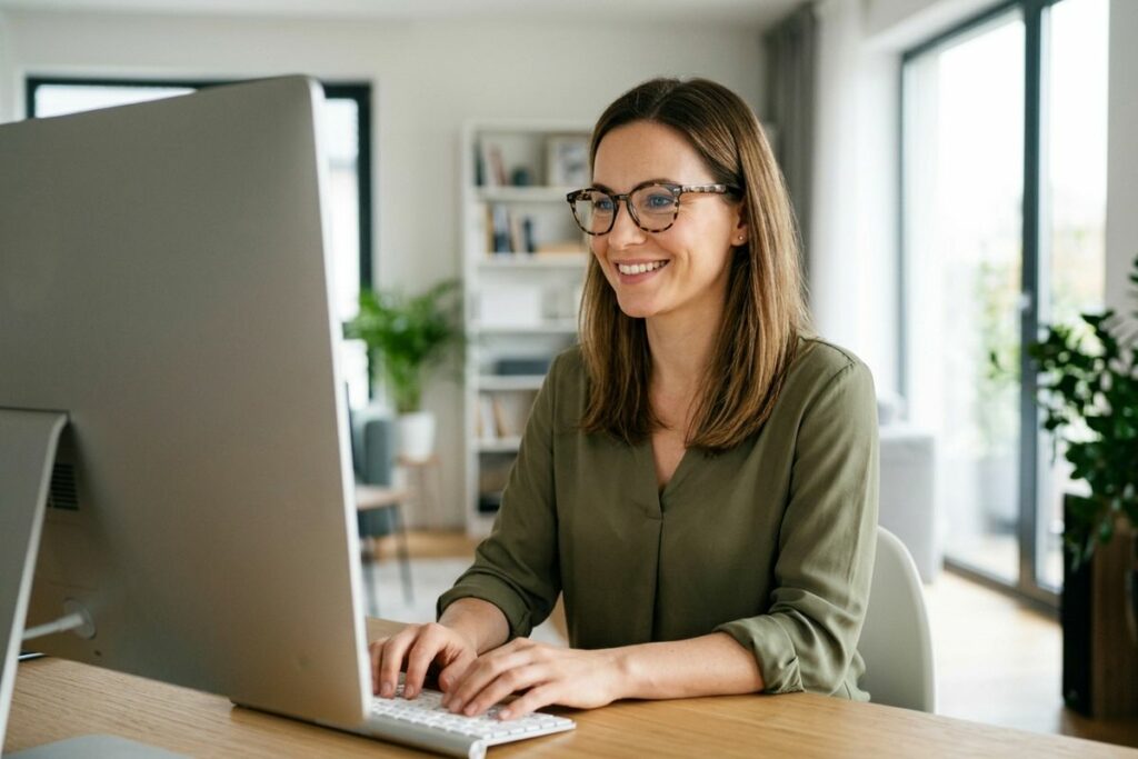 Adult wearing glasses smiling while typing at a desktop computer in a bright home office with shelves and plants in the background.