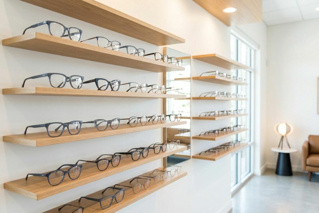 Rows of eyeglass frames displayed on light wood wall shelves in a bright optical shop with a seating area in the background.