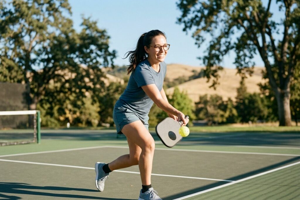 Smiling adult wearing glasses playing pickleball on an outdoor court, mid-stride holding a paddle and yellow ball, trees and hills behind.