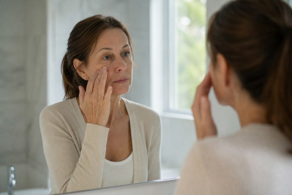 Adult touching the skin beneath one eye while looking at their reflection in a bathroom mirror.