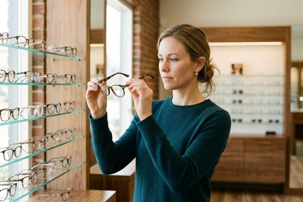 Person examining eyeglasses beside a wall display of frames in an optical shop.