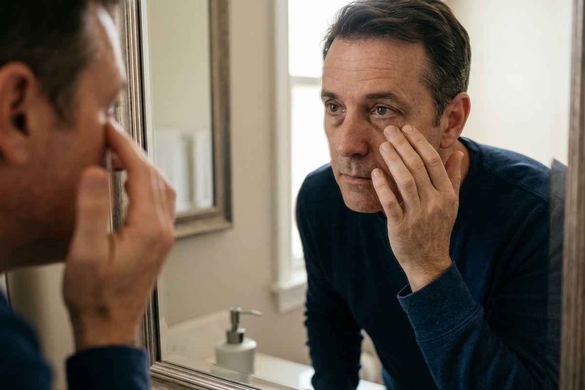 A person examining the skin under their eye in a bathroom mirror, touching their face.