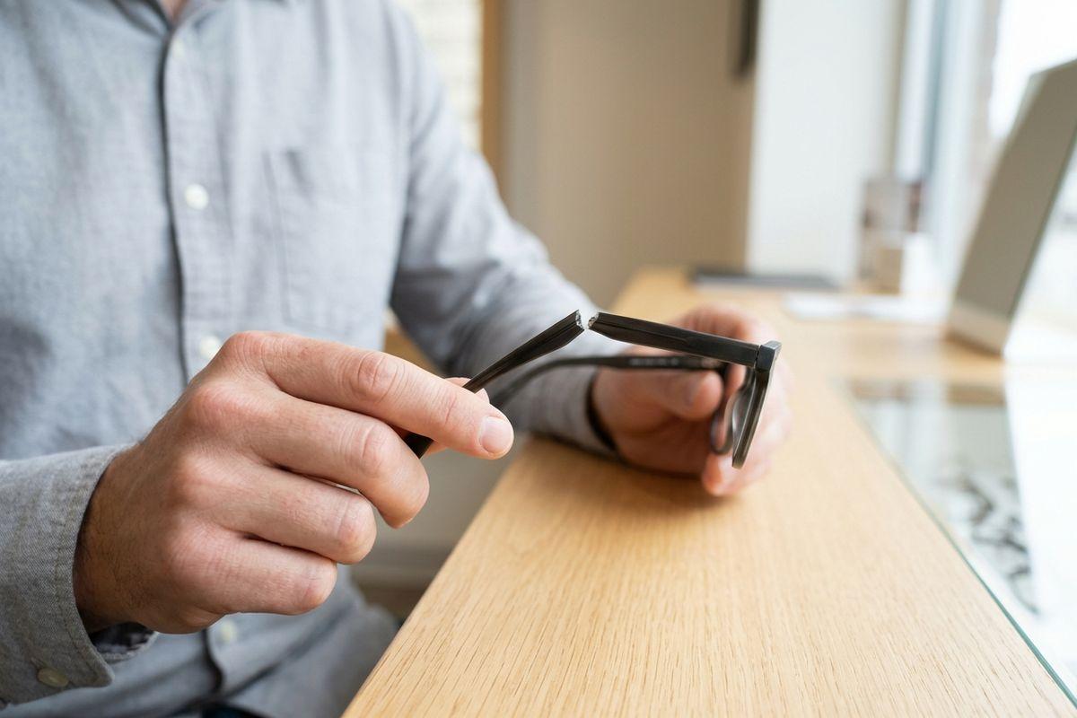 A person holding a pair of eyeglasses with a broken temple arm over a wooden counter.