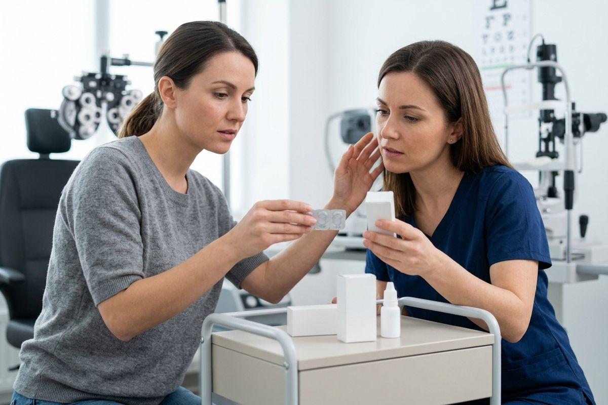 An optometrist and a patient examine contact lens packaging and boxes in an eye exam room.