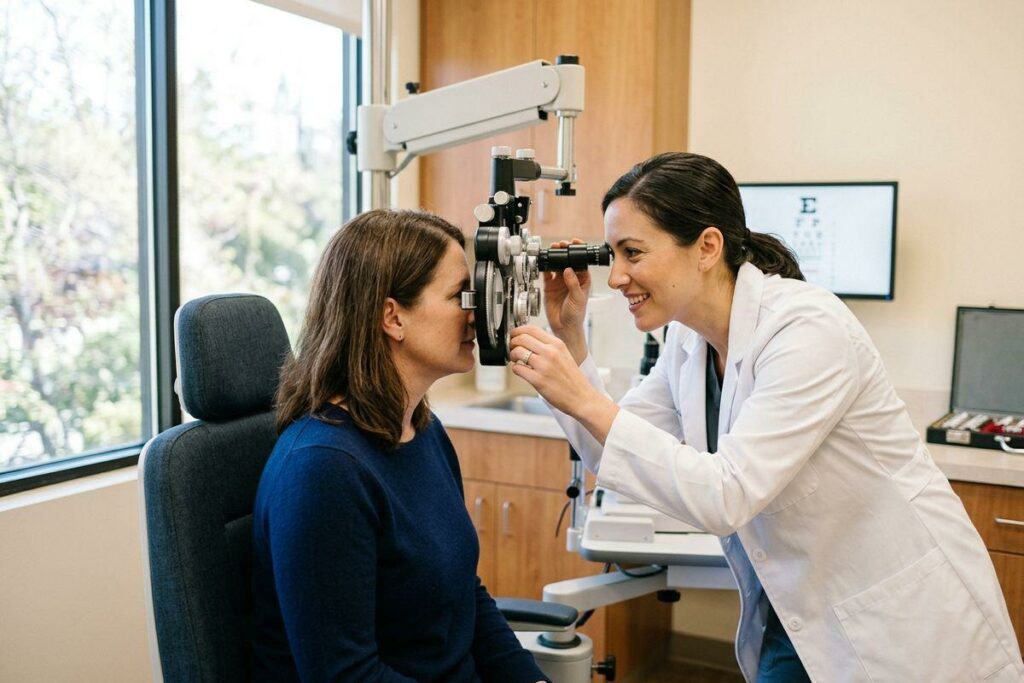An optometrist conducting an eye exam with a phoropter on a seated patient in an exam room, with an eye chart on wall in the background.