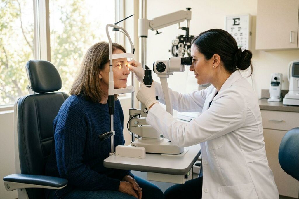 An optometrist examines a seated patient's eye using a slit lamp in an exam room with an eye chart on the wall.