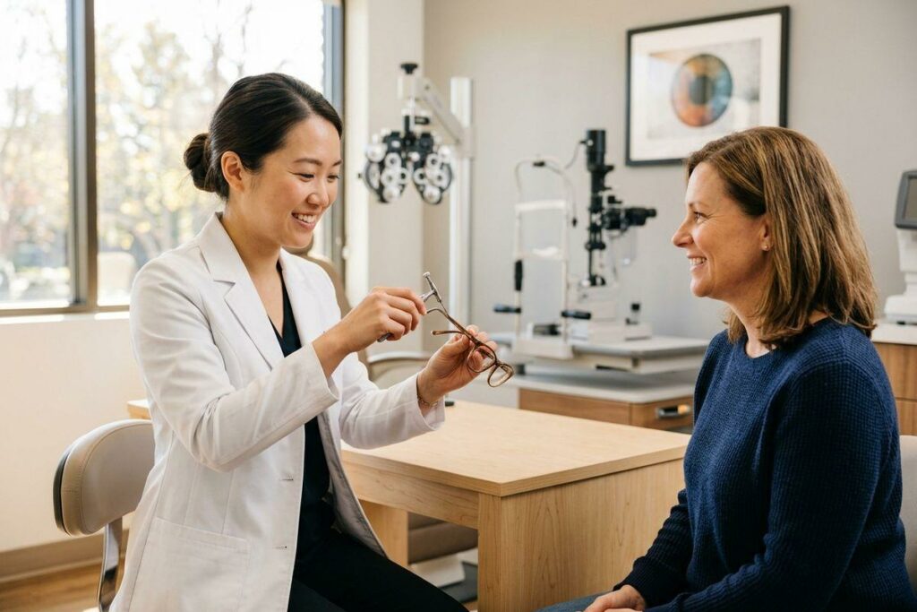 An optometrist smiling while showing eyeglasses to a seated patient in an eye exam room.