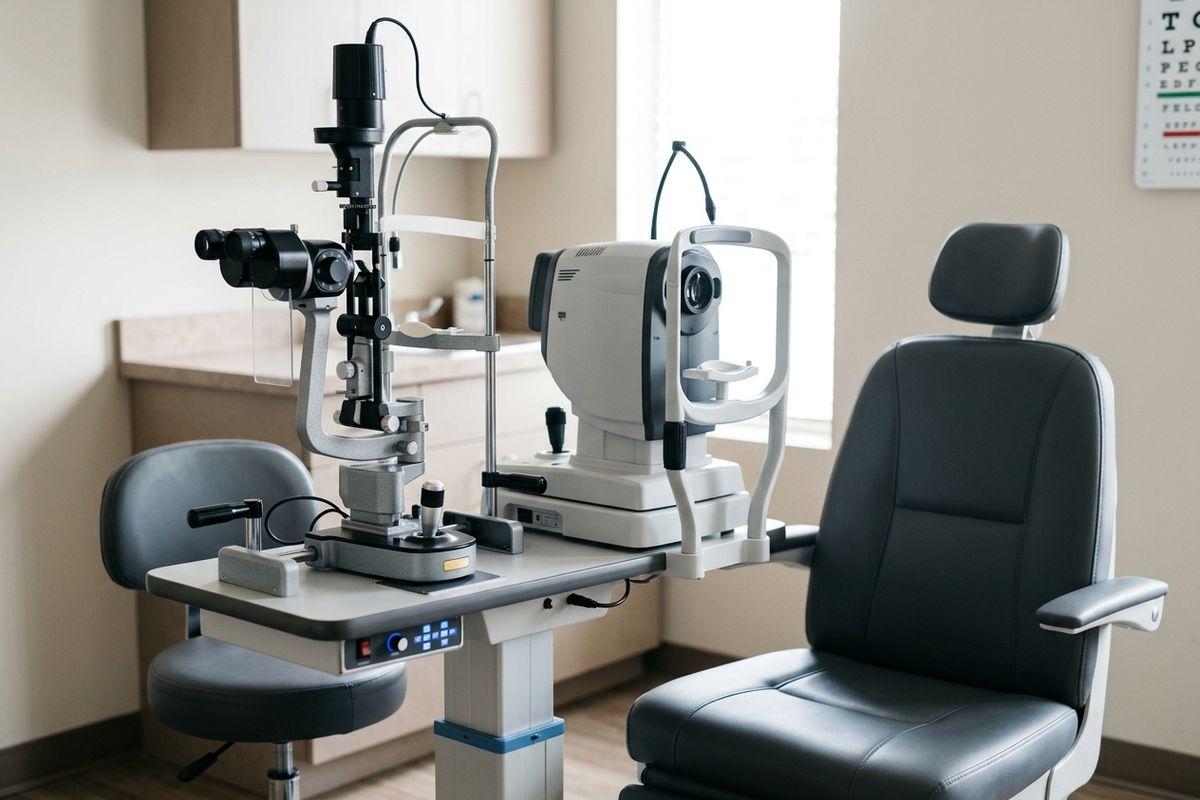 An optometry exam room with eye testing equipment, black patient chair, stool, and eye chart on the wall.