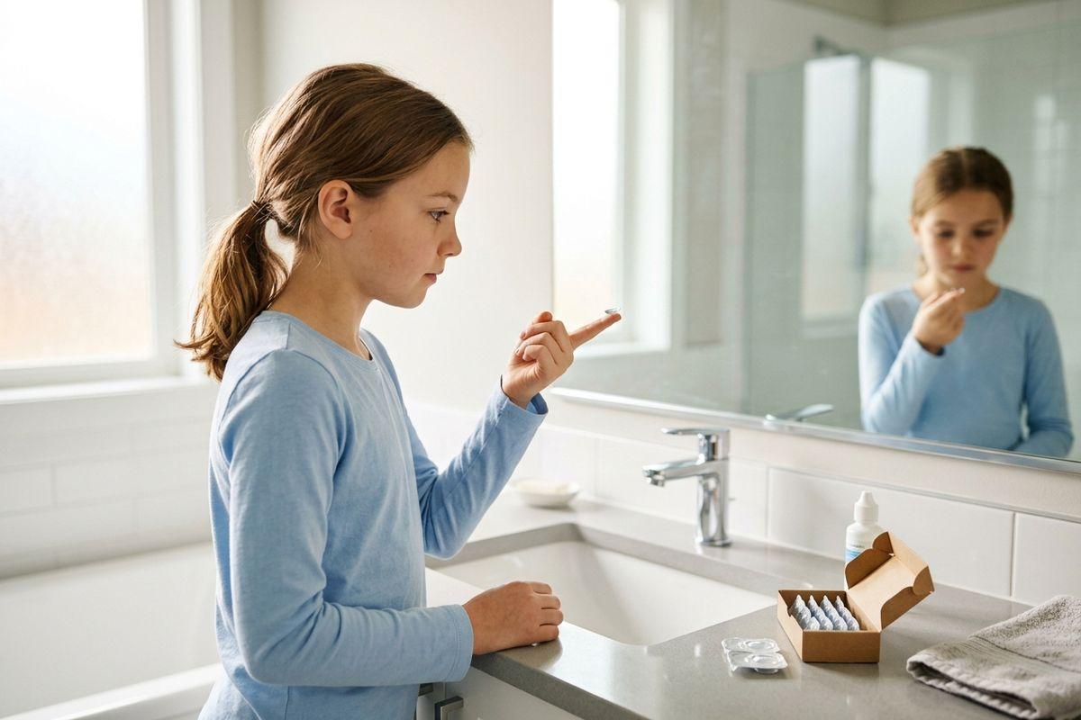 A child holding a contact lens on a fingertip at a bathroom sink mirror, with lens supplies on the counter.