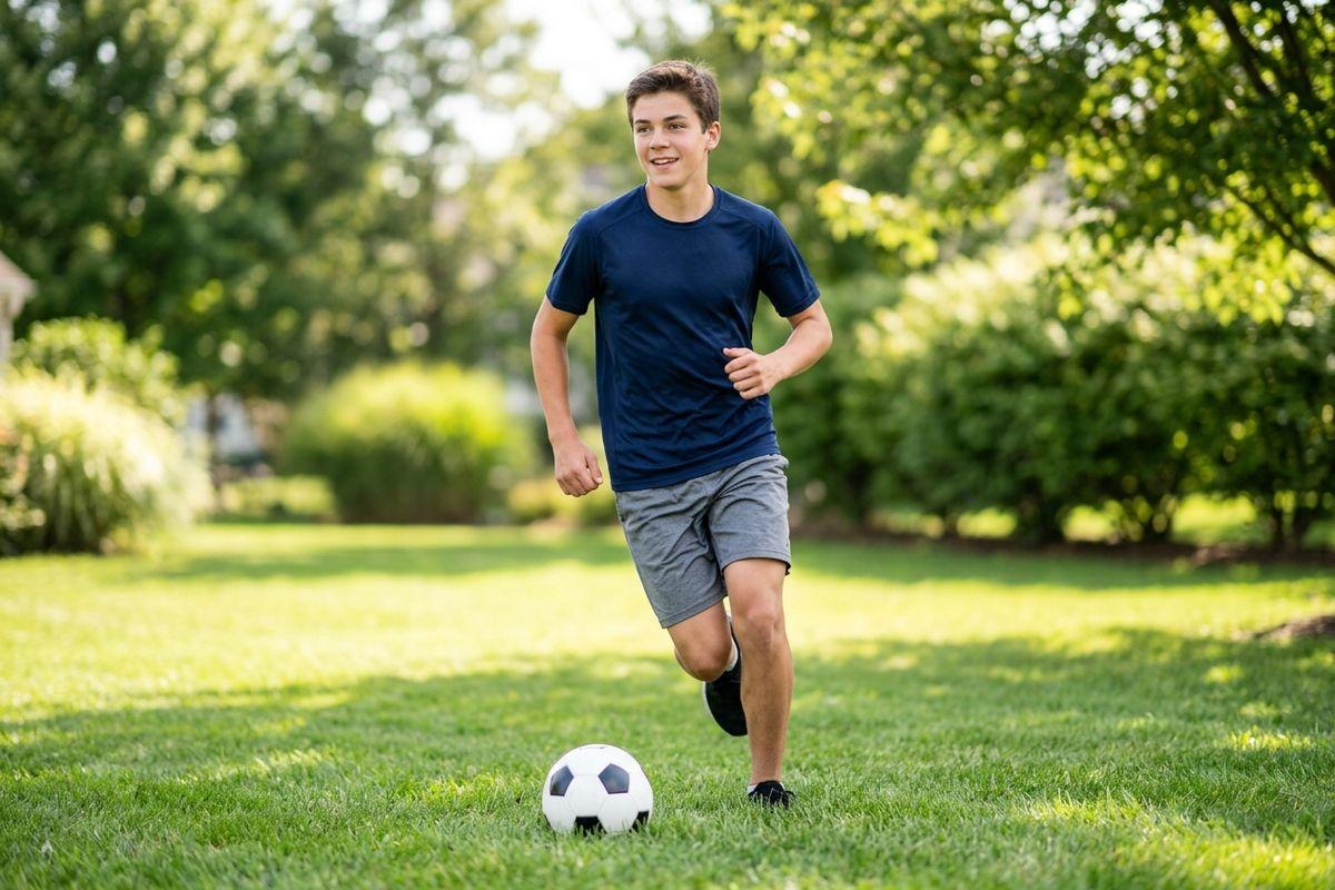 A smiling teen running toward a soccer ball on a grassy lawn with green trees in the background.