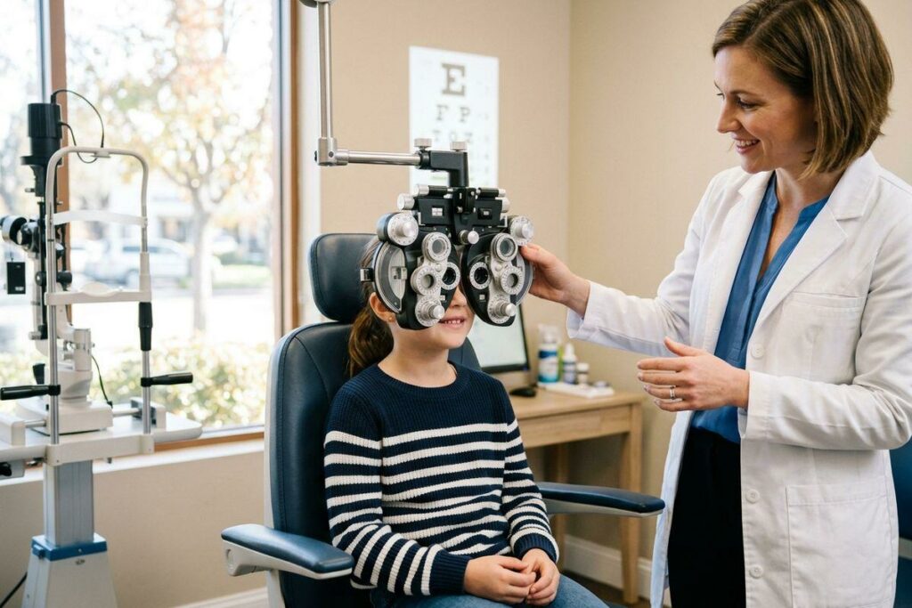 An optometrist adjusts a phoropter as a smiling child looks through it during an eye exam.