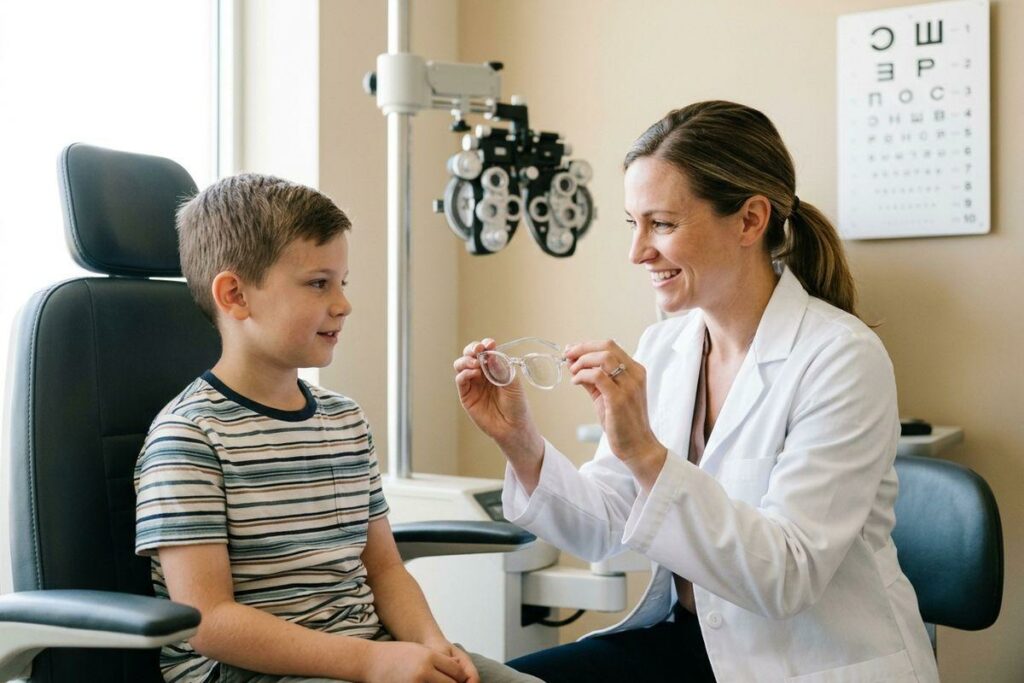 An optometrist smiling and holding up glasses for a child seated in an exam chair, with eye chart and phoropter nearby.