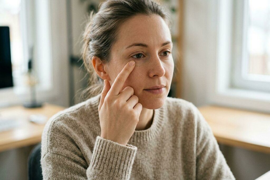Adult in a knit sweater touching the skin below one eye with a fingertip, looking thoughtful, seated at a desk with a computer near a bright window