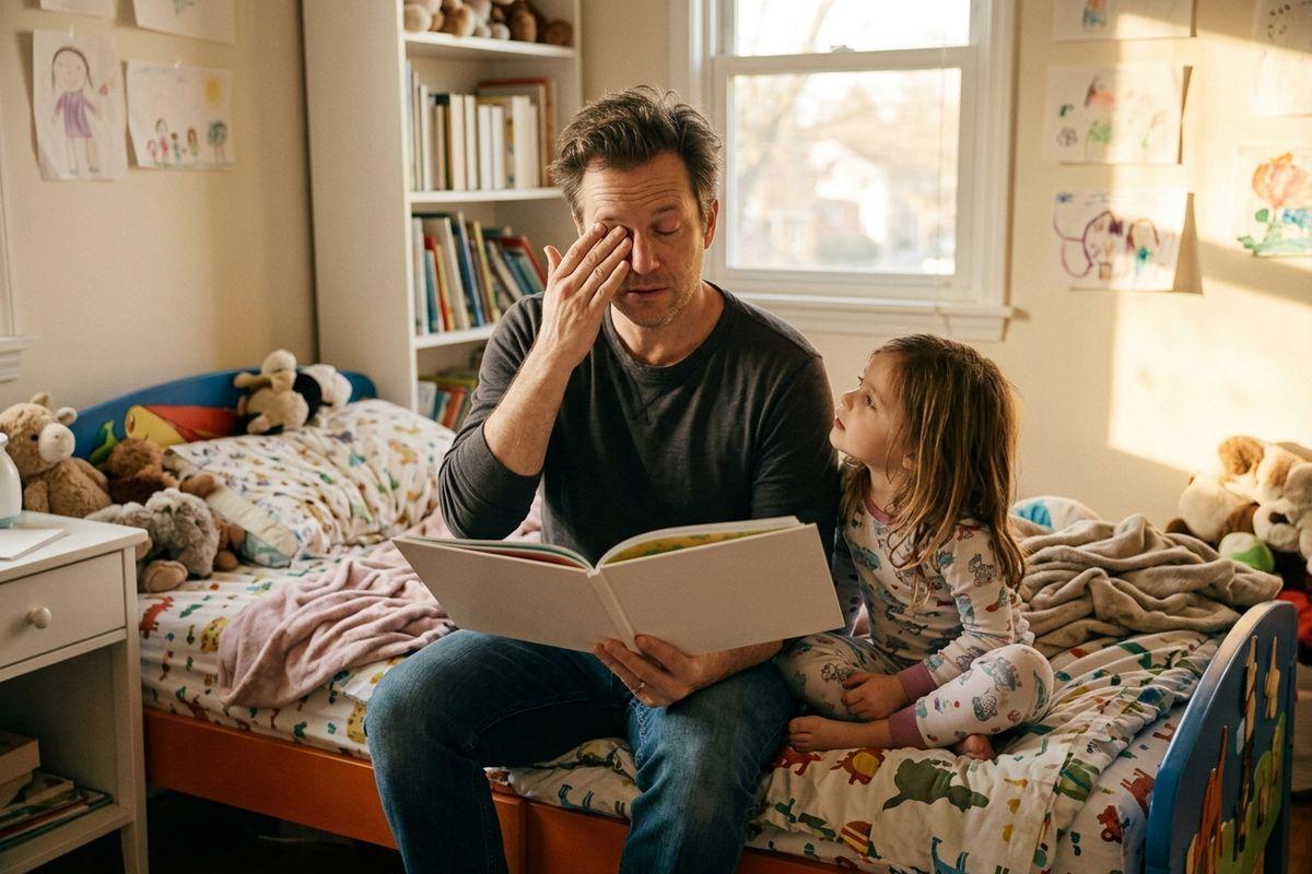 Adult rubs an eye while holding an open picture book on a child's bed as a child in pajamas looks up at them in a sunlit bedroom