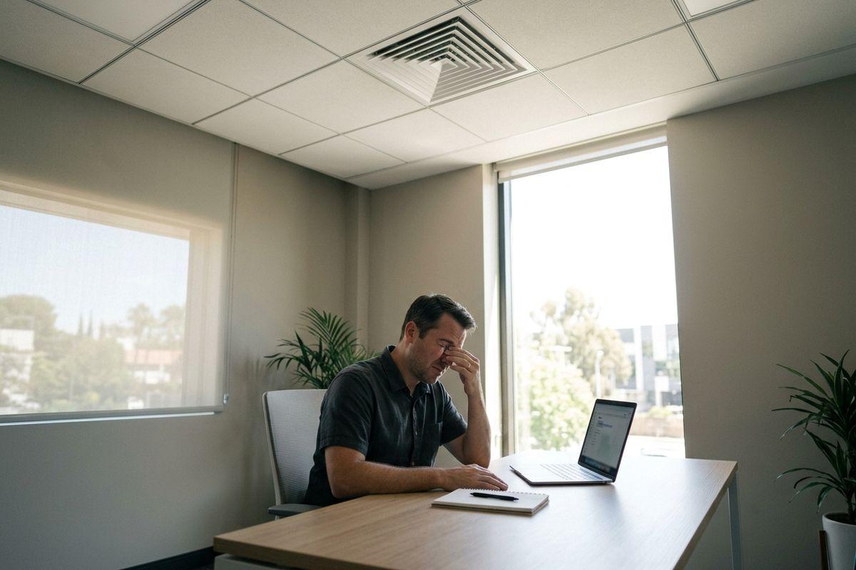 Adult sits at an office desk pinching the bridge of their nose with eyes closed, an open laptop and notebook in front of them.